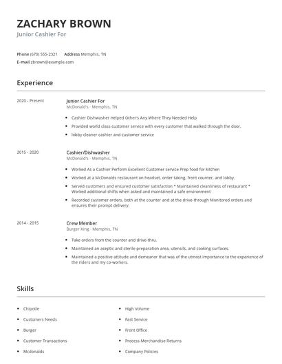 Junior Cashier For Resume