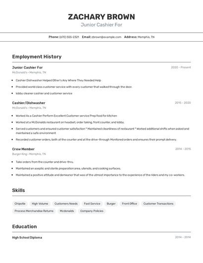 Junior Cashier For Resume
