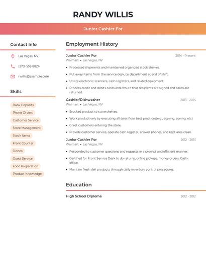 Junior Cashier For Resume