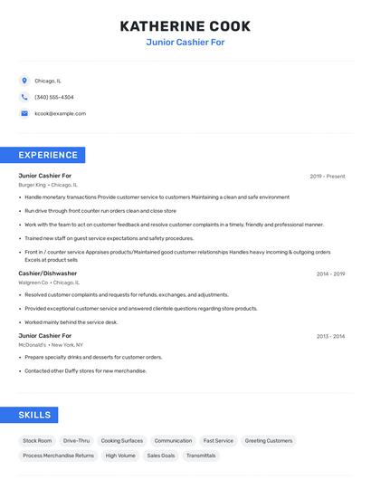Junior Cashier For Resume
