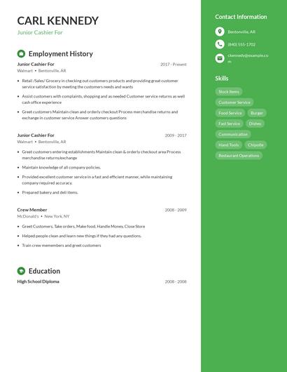 Junior Cashier For Resume