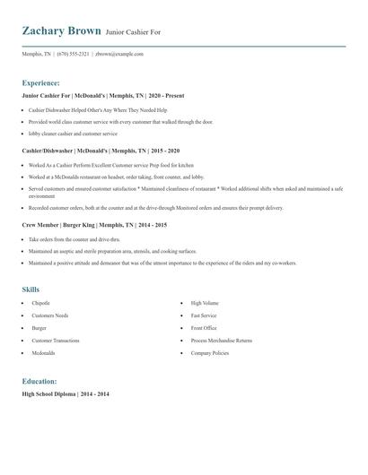 Junior Cashier For Resume