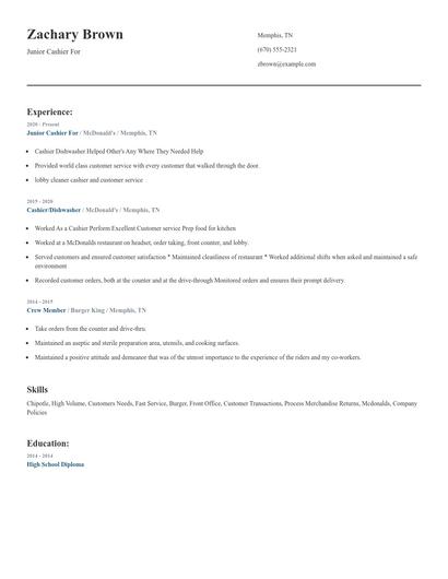 Junior Cashier For Resume