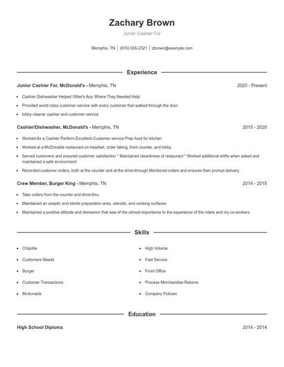 Junior Cashier For Resume