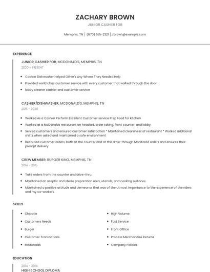 Junior Cashier For Resume