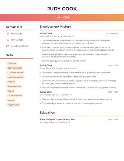 Junior Clerk Resume
