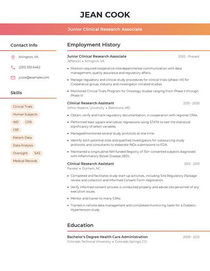 Junior Clinical Research Associate Resume