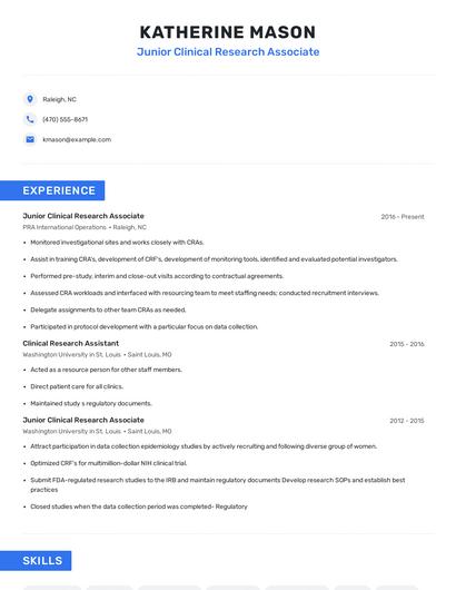 Junior Clinical Research Associate Resume