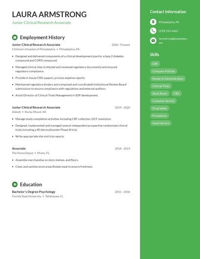 Junior Clinical Research Associate Resume