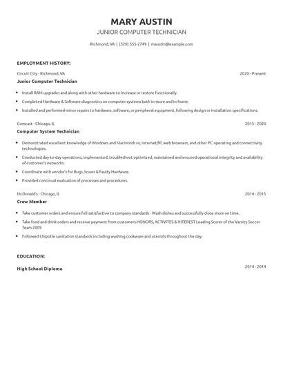 Junior Computer Technician Resume