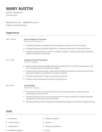 Junior Computer Technician Resume