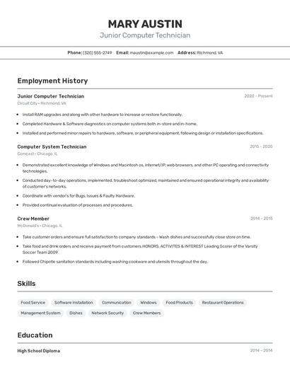 Junior Computer Technician Resume