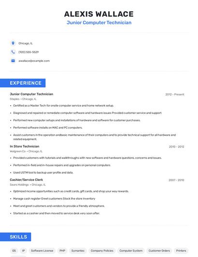 Junior Computer Technician Resume