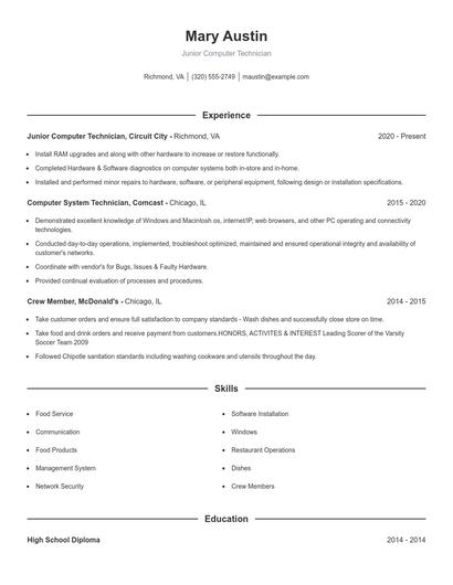 Junior Computer Technician Resume