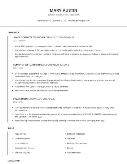 Junior Computer Technician Resume