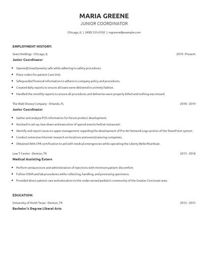 Junior Coordinator Resume