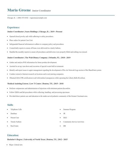 Junior Coordinator Resume