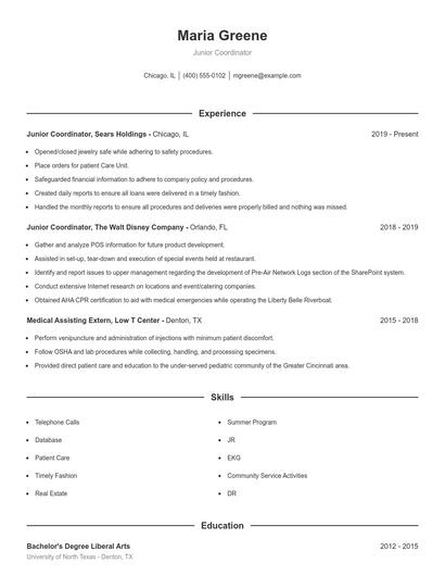 Junior Coordinator Resume