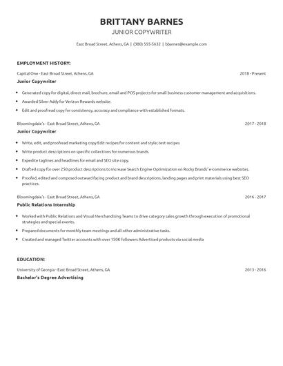Junior Copywriter Resume