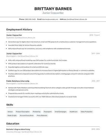 Junior Copywriter Resume