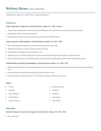 Junior Copywriter Resume
