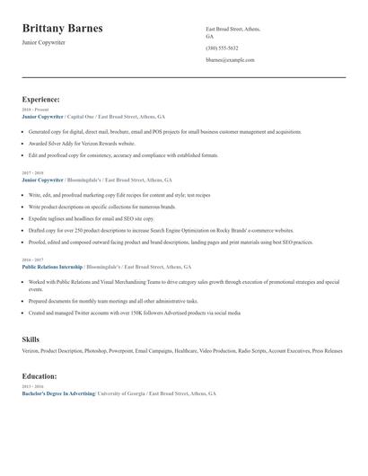 Junior Copywriter Resume