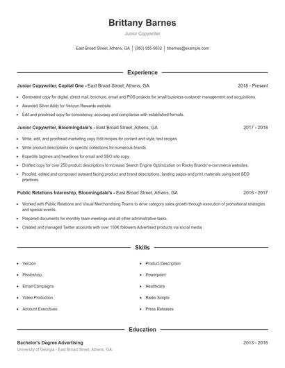 Junior Copywriter Resume