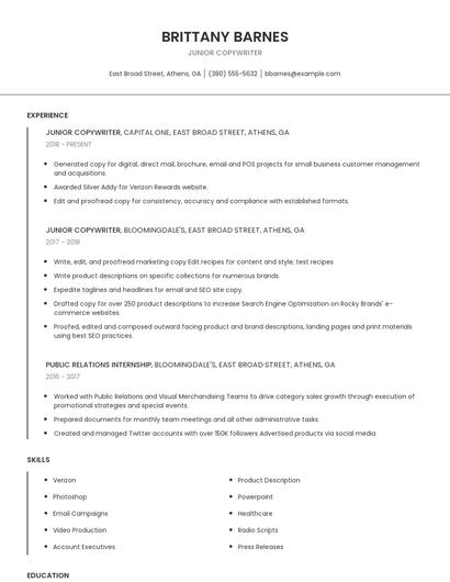 Junior Copywriter Resume