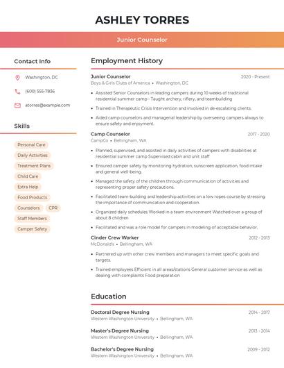 Junior Counselor Resume
