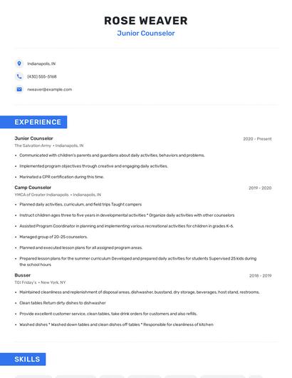 Junior Counselor Resume