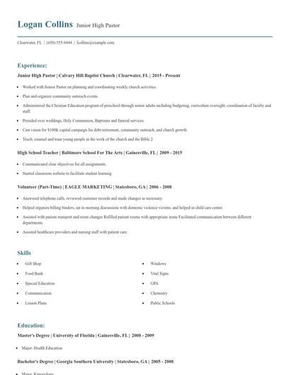 Junior High Pastor Resume