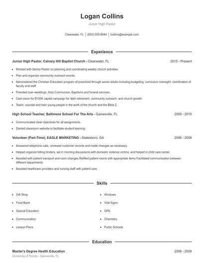 Junior High Pastor Resume