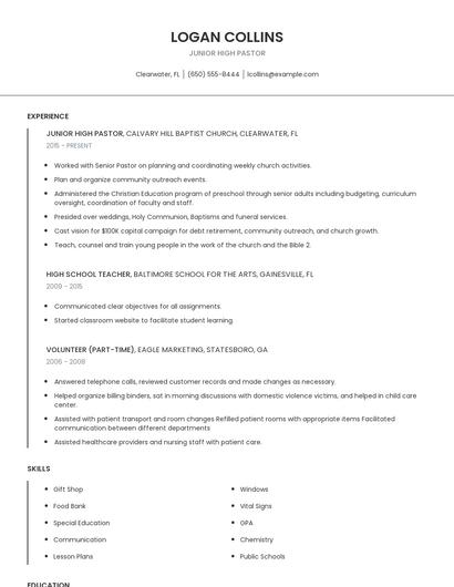 Junior High Pastor Resume