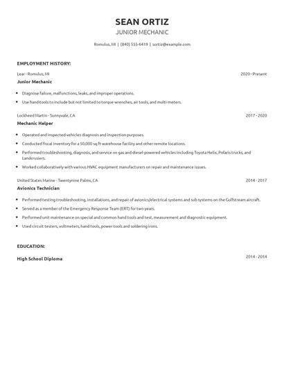 Junior Mechanic Resume
