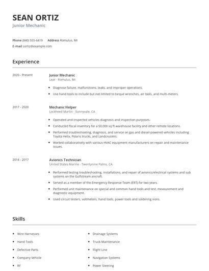 Junior Mechanic Resume