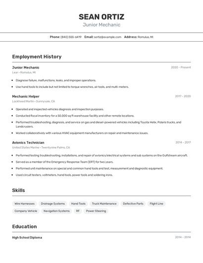 Junior Mechanic Resume