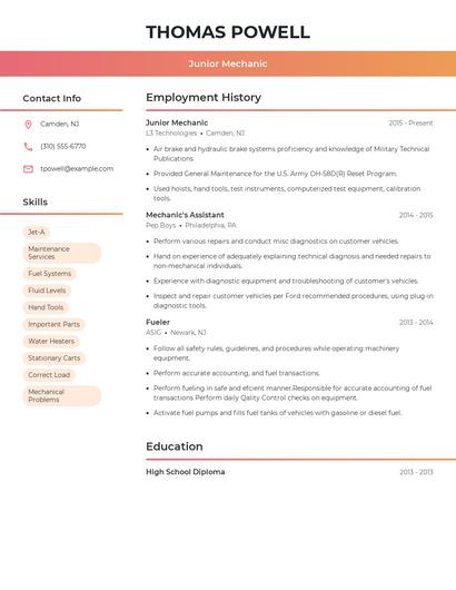 Junior Mechanic Resume