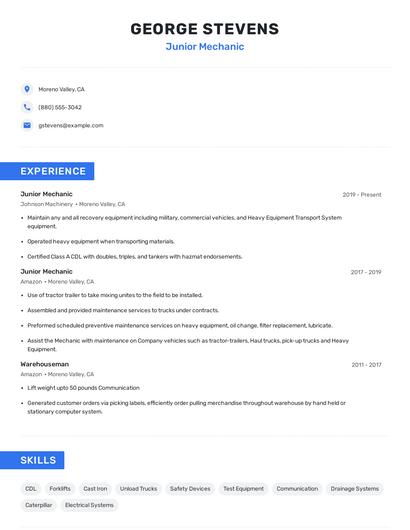 Junior Mechanic Resume
