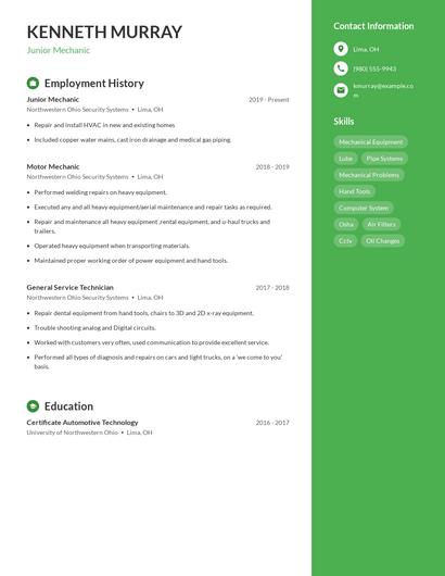 Junior Mechanic Resume