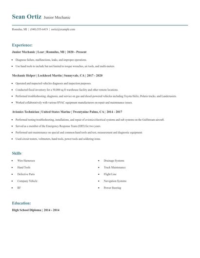 Junior Mechanic Resume