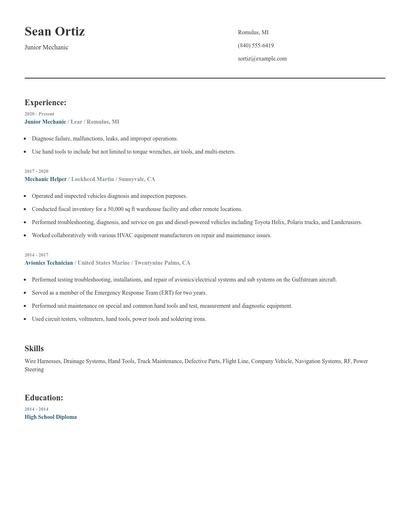 Junior Mechanic Resume