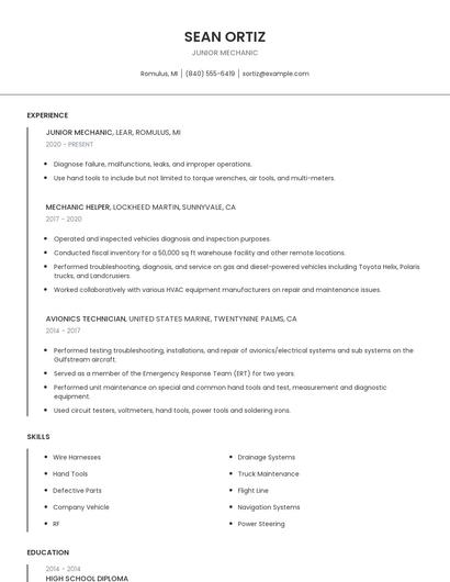 Junior Mechanic Resume