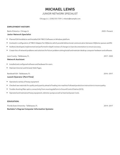 Junior Network Specialist Resume