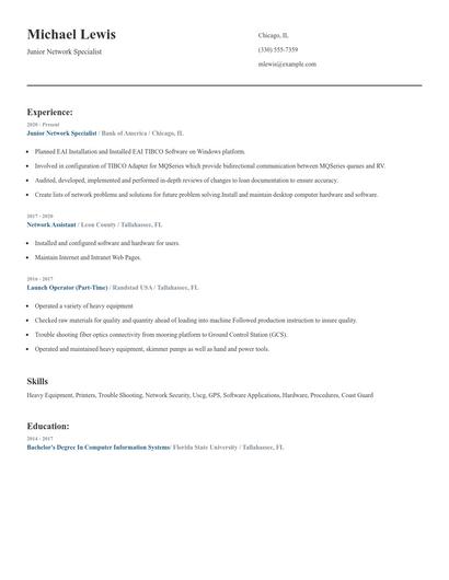Junior Network Specialist Resume