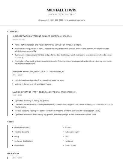 Junior Network Specialist Resume