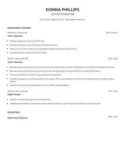 Junior Operator Resume