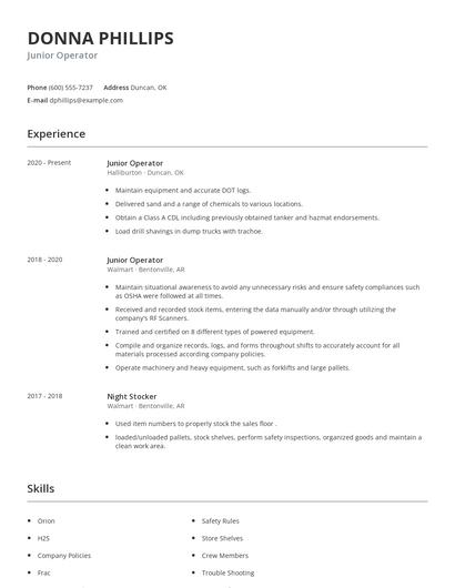 Junior Operator Resume