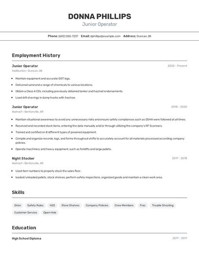 Junior Operator Resume