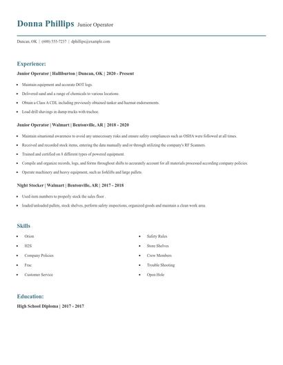 Junior Operator Resume