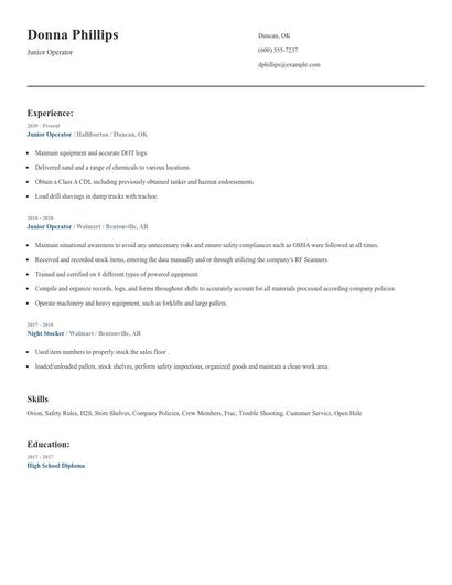 Junior Operator Resume